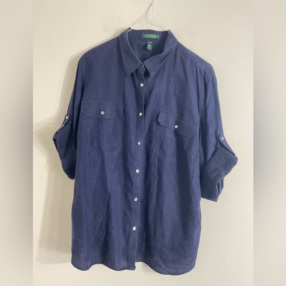 Lauren Ralph Lauren Tops - Lauren Ralph Lauren Shirt Womens 3X Navy Linen Button Front Roll Tab Tunic Top